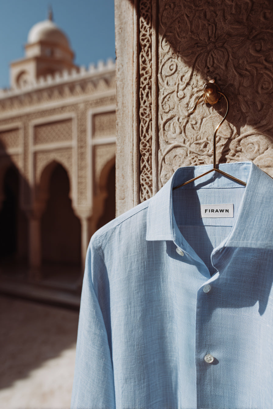 Light blue shirt on a hanger with 'Firawn' label against a textured wall and archway background