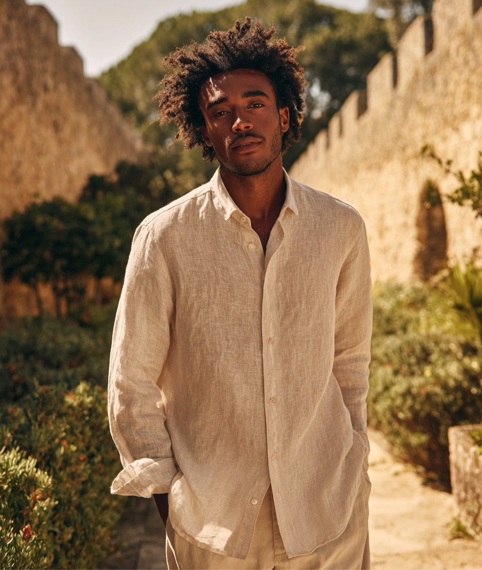 Man wearing a light-colored shirt standing in a natural setting with greenery and stone walls.