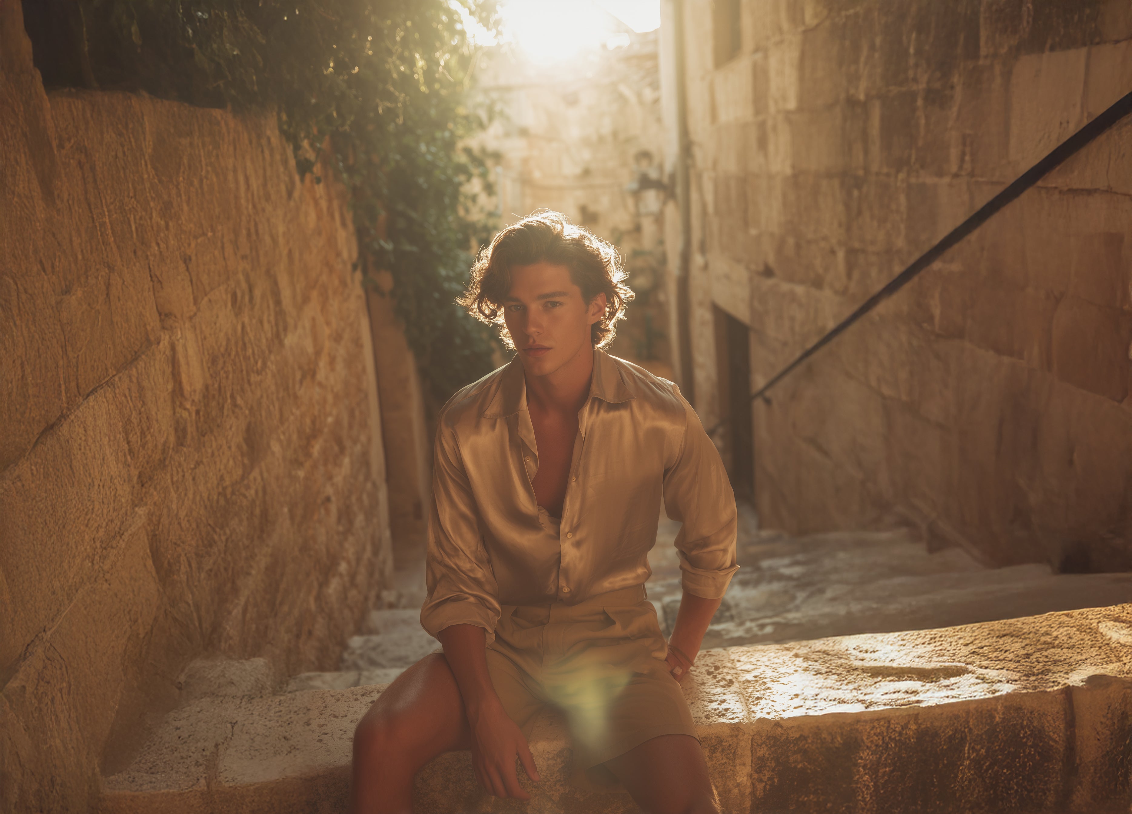 Model wearing the Sahar Silk Shirt in Silver by FIRAWN