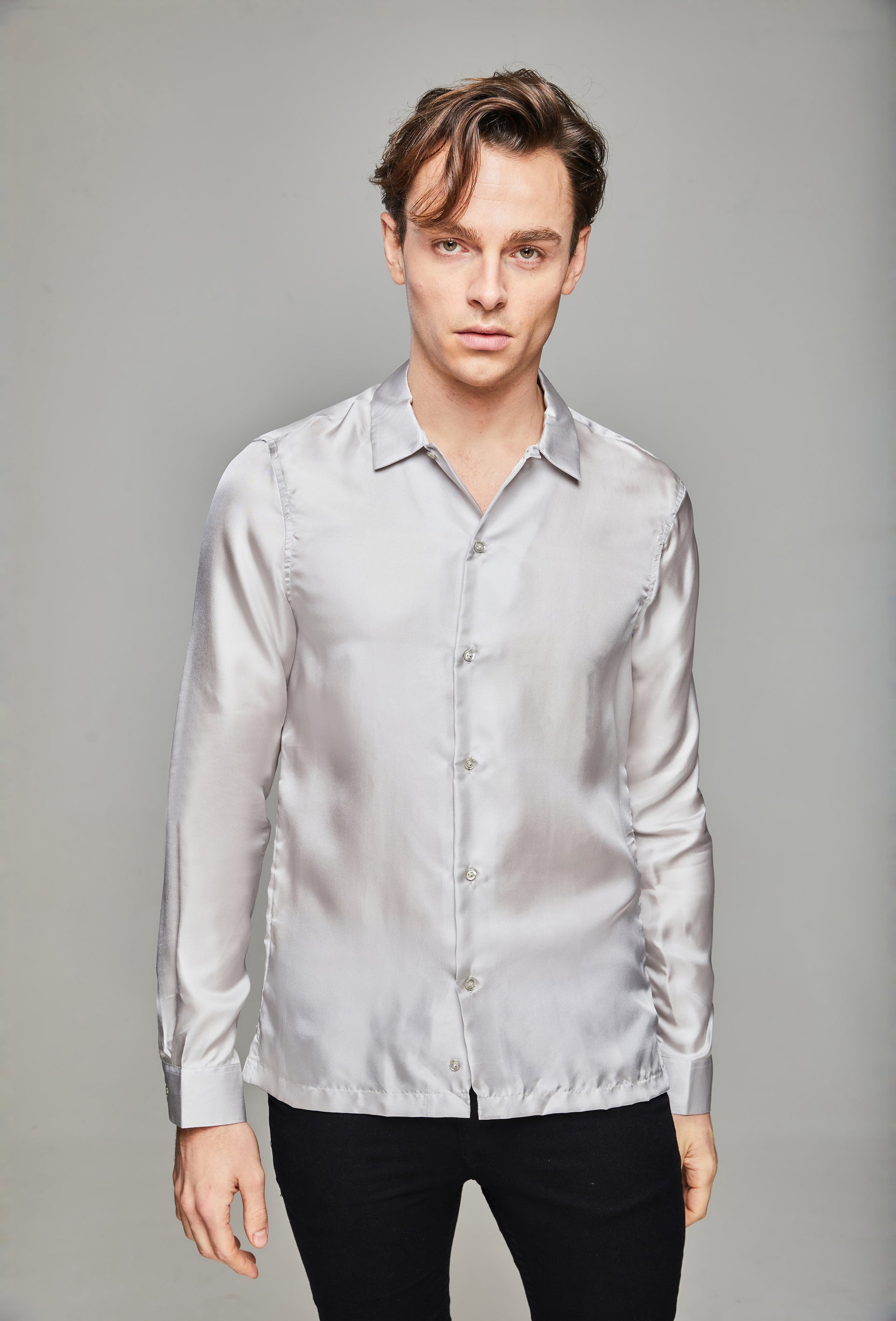 silver satin dress shirt Amazon.com: King Formal Wear Classy Men's Satin Shiny Silver Grey Shirt Set  + Matching Tie and Hanky (Small  14/14.5 Neck; 32/33 Sleeves) : Clothing,  Shoes & Jewelry