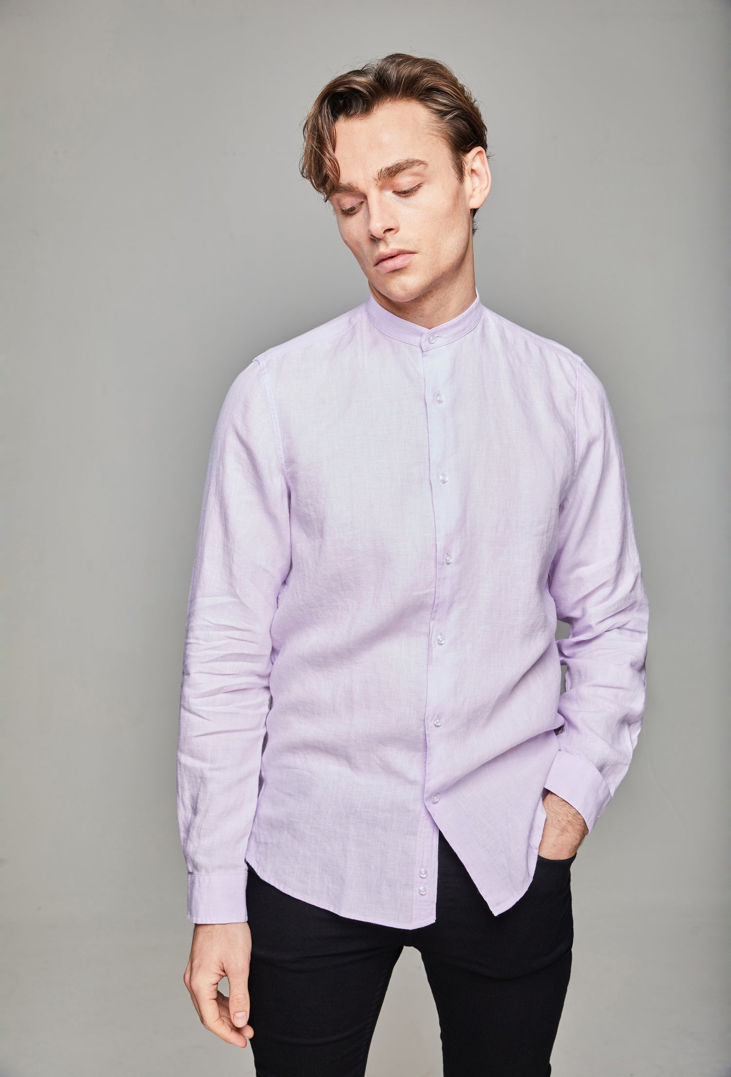 Firawn  Jidu Mens Band Collar Linen Shirt - Pink Lavender
