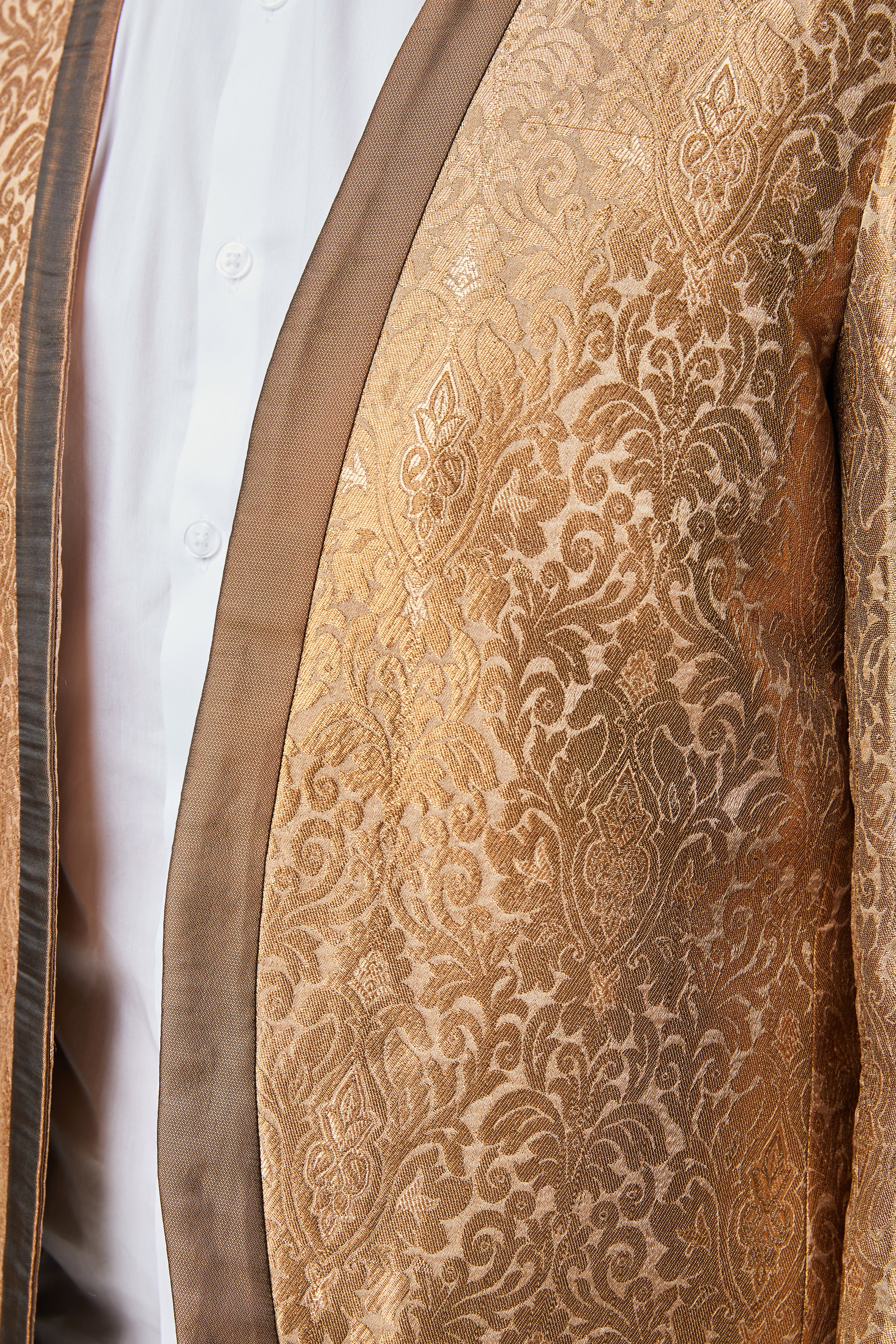 Detail shot of Firawn men's collarless, embroidered zari thread blazer with contrasting trim in Antique Gold